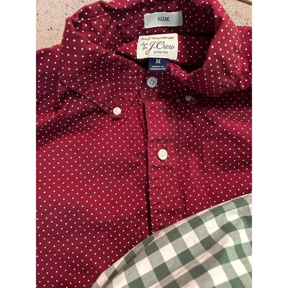 J. Crew LOT of 2 Slim Fit Button Down Medium Shirt Cotton Green gingham burgundy